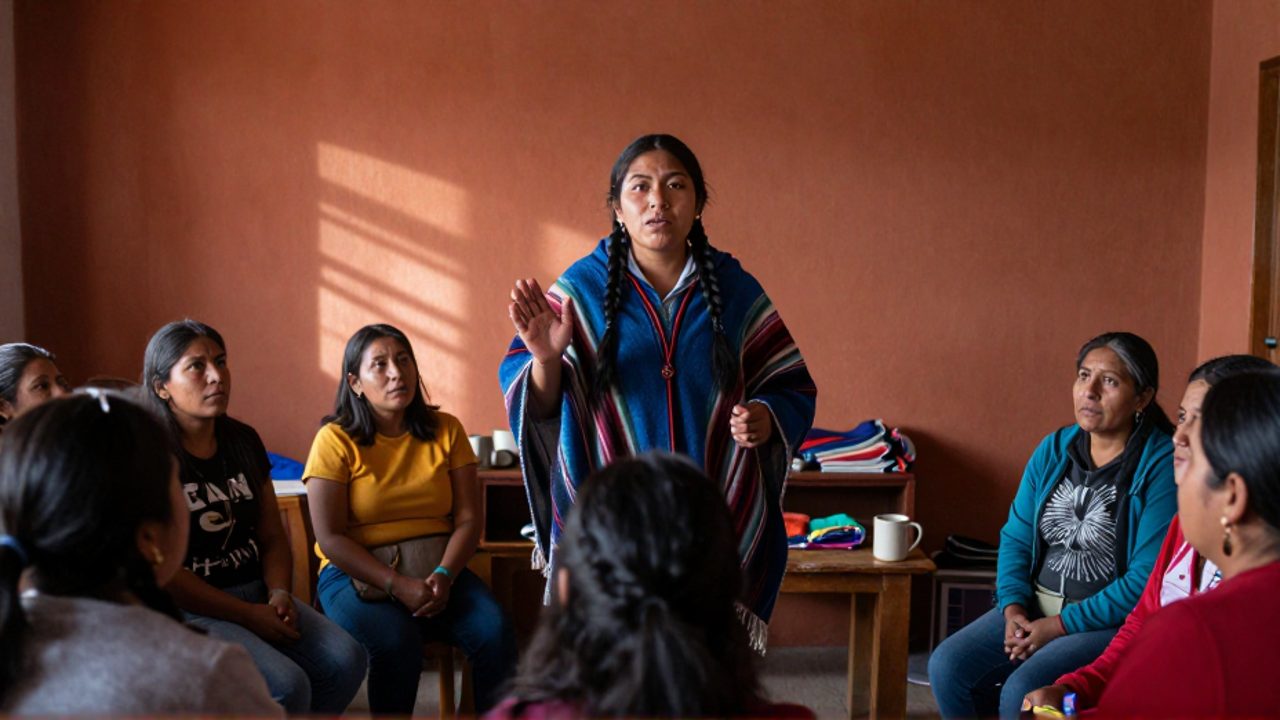 Una mujer aymara de trenzas y poncho levanta la mano abierta en un gesto desafiante en una asamblea comunitaria en La Paz, ante un grupo de mujeres de distintas edades y clases sociales que la escuchan con atención crítica.