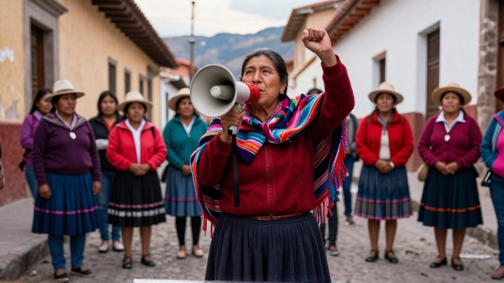 Una activista mayor con traje tradicional andino habla por un megáfono con el puño alzado ante un grupo de mujeres que la escuchan en una calle de La Paz, con los Andes al fondo.