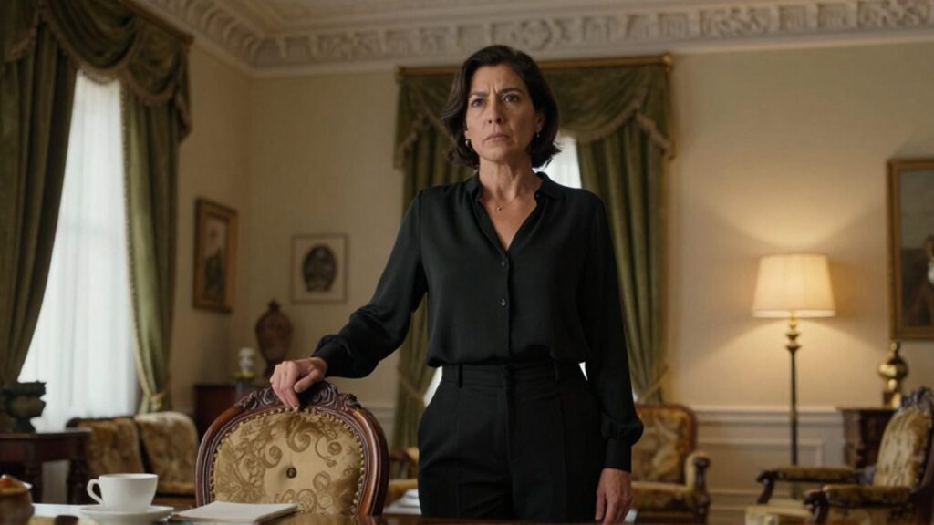 María Galindo, con el pelo corto oscuro, viste una blusa negra elegante y permanece de pie en un salón burgués de cortinas verde oliva y muebles de caoba, con la mano apoyada en una silla tallada y una expresión serena y desafiante.