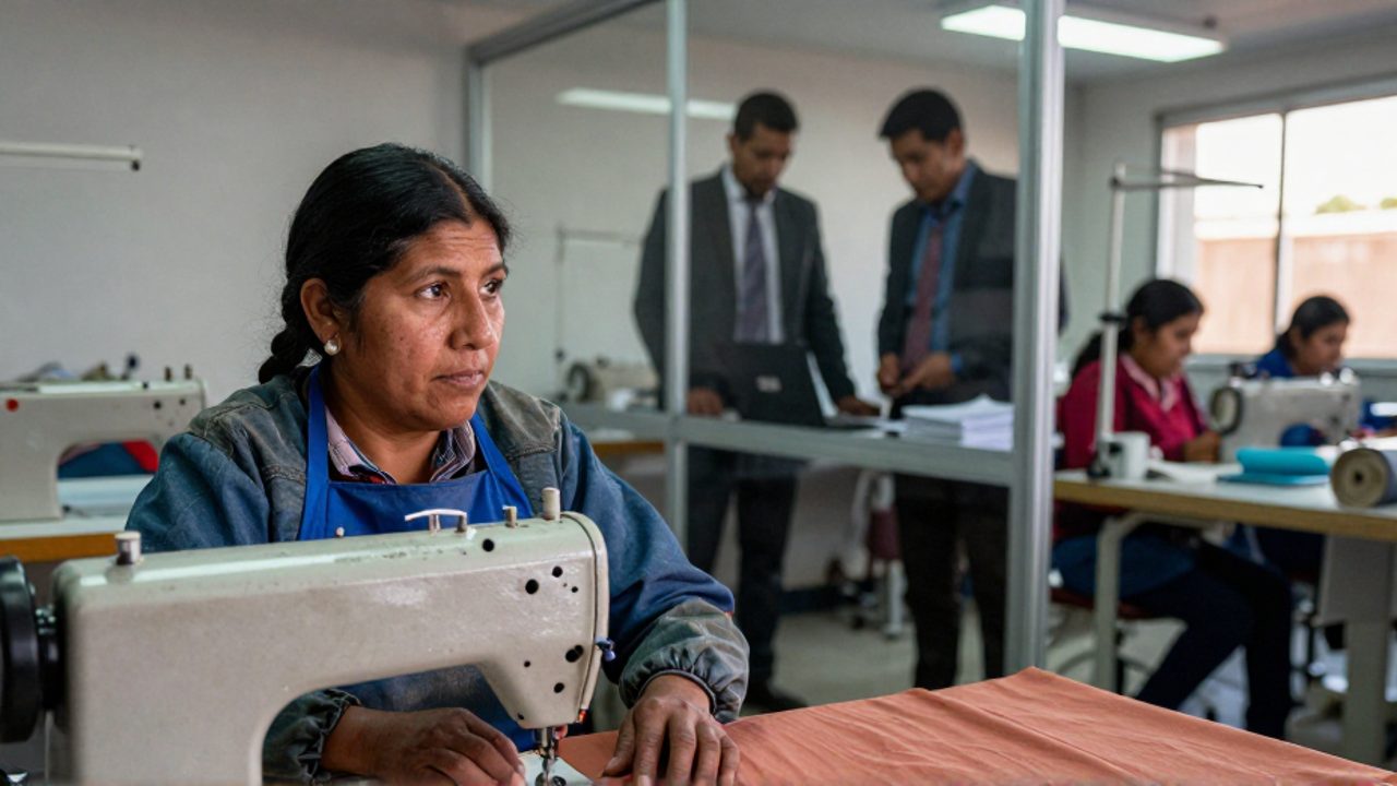 Una costurera con delantal azul y trenzas se detiene en su máquina de coser para mirar hacia la oficina acristalada donde dos gerentes con traje supervisan el taller.