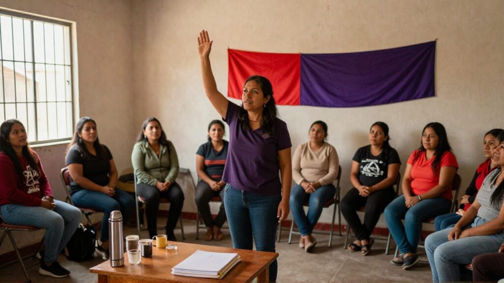 Una mujer boliviana, activista feminista, de pie en una sala comunitaria, levanta un brazo con gesto firme mientras habla ante un grupo de mujeres trabajadoras sentadas en sillas; en la pared cuelgan paneles de tela roja y morada.