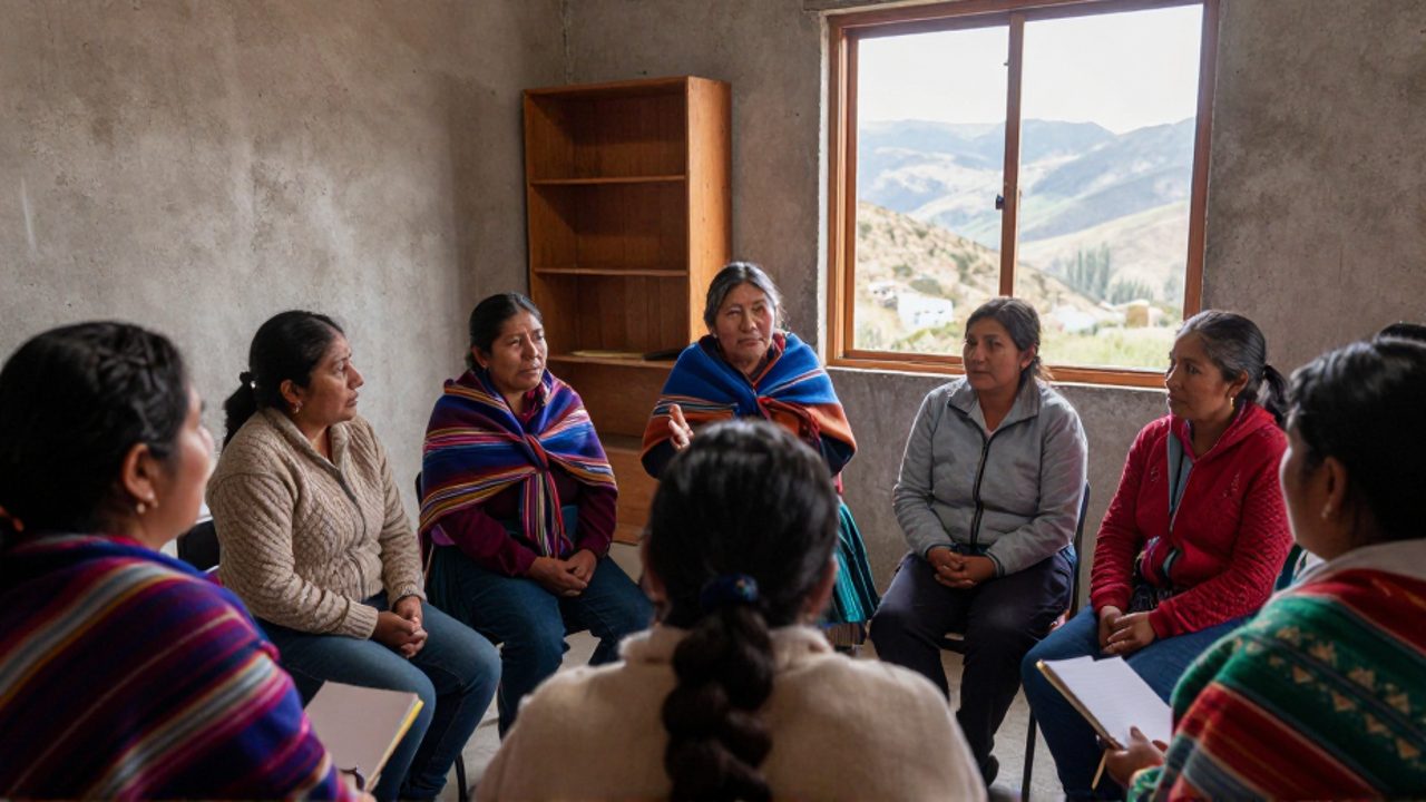 Un grupo diverso de mujeres bolivianas participa en un taller comunitario en La Paz; una mujer aymara de mediana edad, con un tejido añil y terracota, habla con un gesto expresivo mientras las demás escuchan y una joven toma notas, al fondo se ven paredes de cemento y una ventana con cerros andinos.