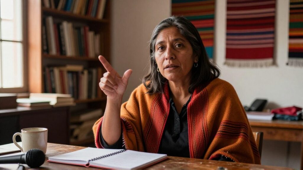 María Galindo, con una chalina andina, habla en un taller comunitario con la mano levantada, mirando a cámara; al fondo se ven estanterías, tejidos y una mesa con un cuaderno y un micrófono.