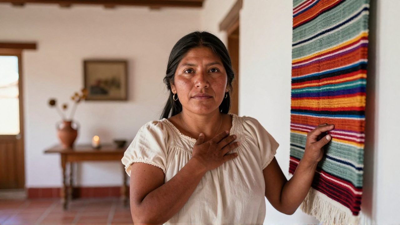 Mujer de rasgos aymaras de pie en un interior colonial de muros claros y piso de terracota, viste una blusa crema; una mano descansa sobre su pecho y la otra levanta el borde de un tejido andino colgado en la pared, mientras mira a un lado con expresión serena y reflexiva.