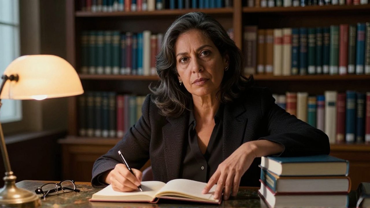 La socióloga María Galindo, sentada en una biblioteca ante un cuaderno abierto y una pila de libros de sociología, permanece en actitud pensativa con la mano en la página, mientras detrás se ven estanterías llenas y una lámpara de escritorio encendida.
