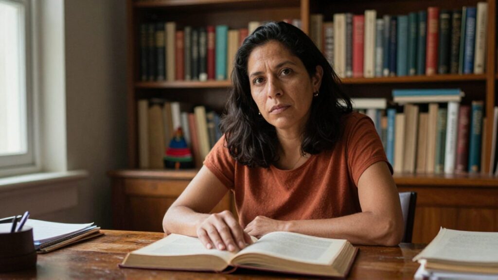 María Galindo, sentada ante un escritorio de madera, apoya la mano sobre un libro de antropología abierto y mira a la cámara con expresión reflexiva; al fondo se ven estanterías con volúmenes académicos y un objeto textil.