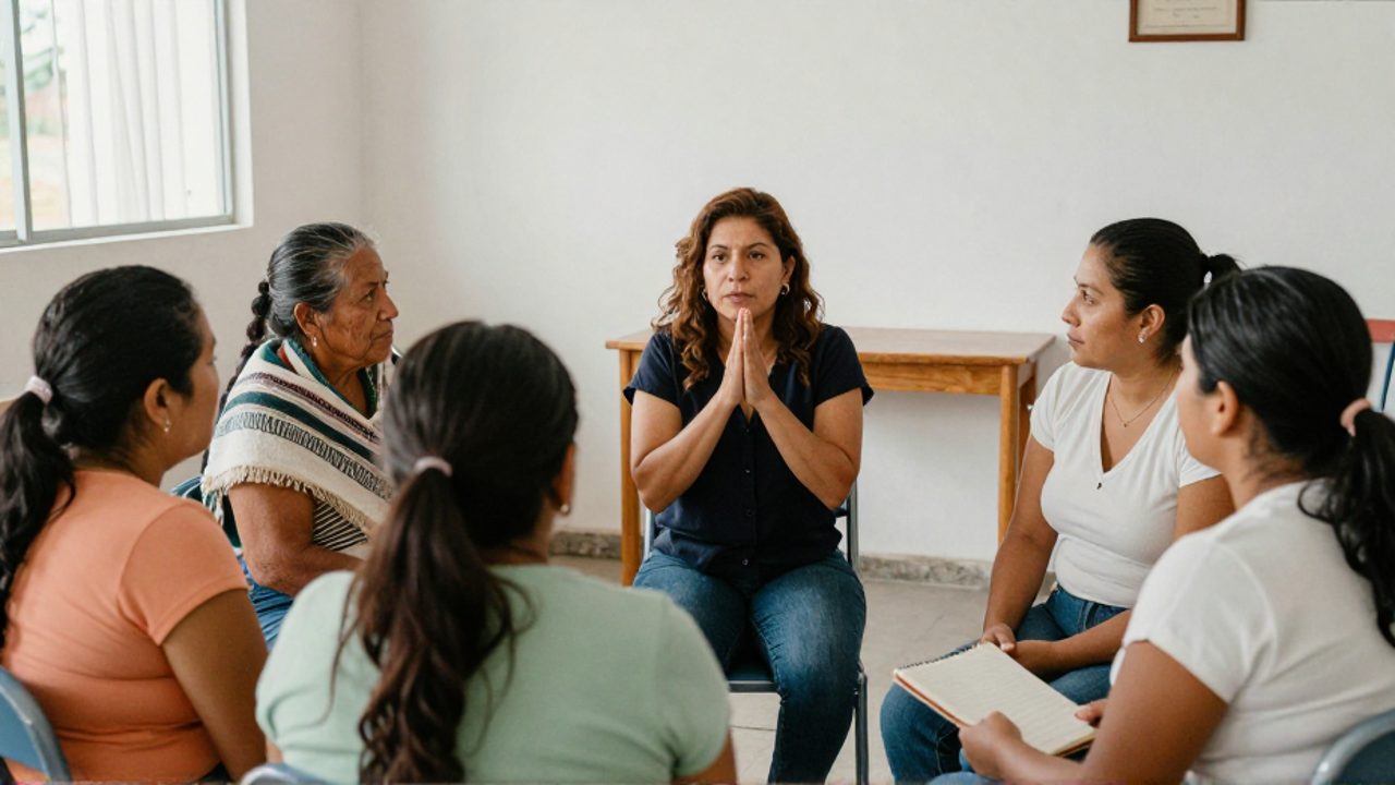 En un taller comunitario de prevención de violencia de género, una facilitadora habla sentada en círculo con un grupo de mujeres; una participante mayor con chal tejido escucha con las manos juntas y otra joven sostiene una libreta.