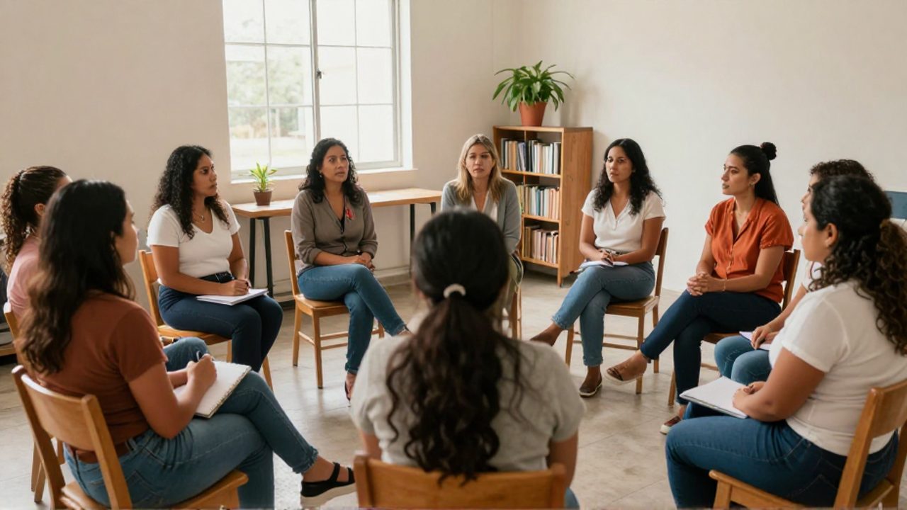 Mujeres de diversas edades y orígenes latinoamericanos participan en un taller comunitario sentadas en círculo, mientras una facilitadora escucha atentamente y otra toma notas.