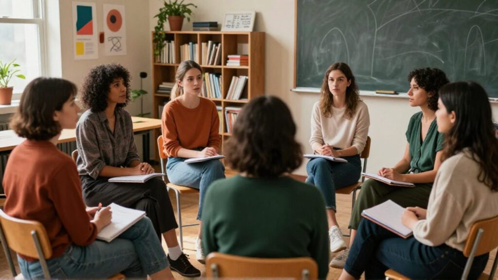 Mujeres adultas de diversas edades conversan en círculo en un aula comunitaria iluminada por luz natural, mientras una facilitadora de pie escucha entre ellas con libretas y plantas de fondo.