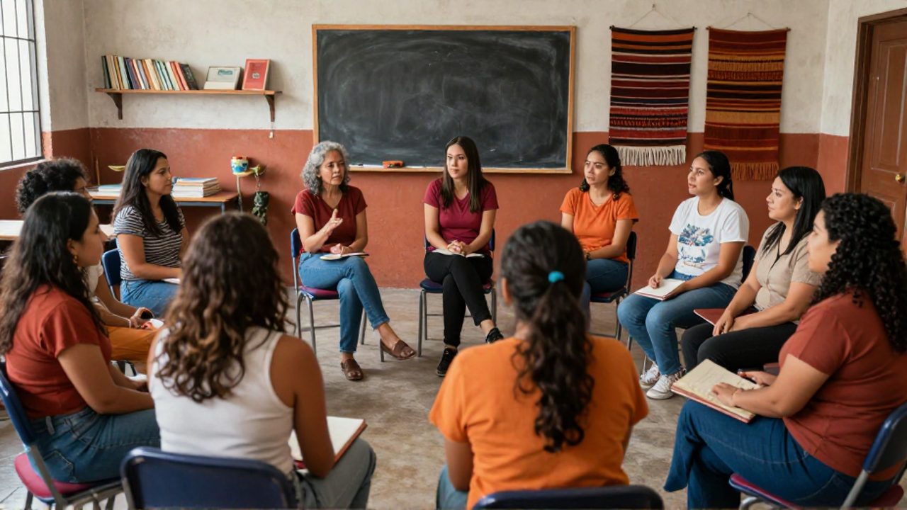 Mujeres latinoamericanas de distintas edades conversan en círculo dentro de un aula comunitaria durante un taller de educación popular feminista, con libros y textiles tejidos de fondo, en un ambiente de escucha y participación activa.