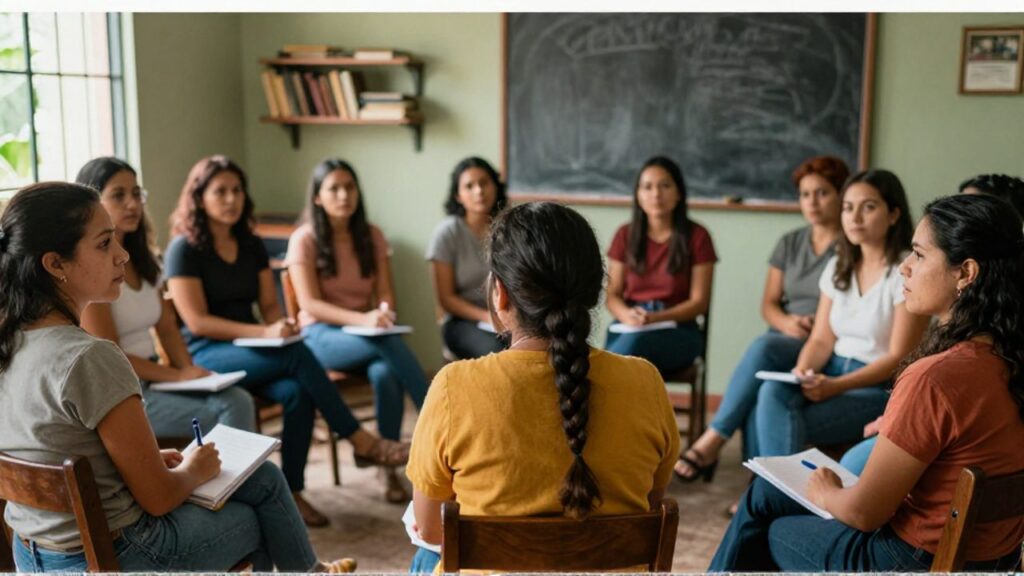 Mujeres latinoamericanas sentadas en círculo en un centro comunitario durante un taller de educación popular feminista; una facilitadora con trenza hace un gesto al hablar mientras las participantes, con cuadernos en mano, escuchan con atención.