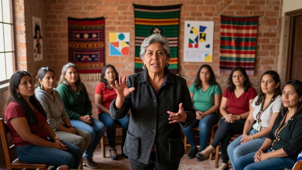 Una activista de pelo corto entrecano y chaqueta oscura habla con un gesto firme ante un círculo de mujeres y personas de género diverso que la escuchan atentamente en una sala comunitaria iluminada, con paredes de ladrillo y tejidos coloridos.