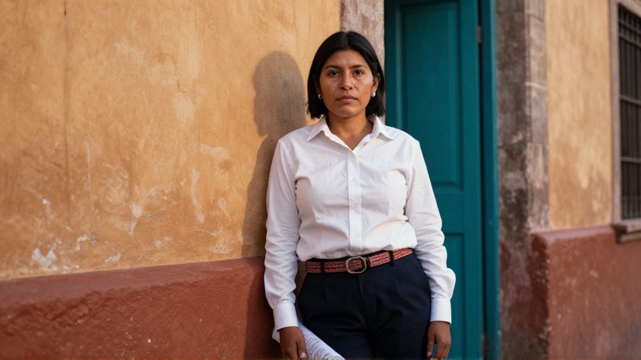 Mujer boliviana de género no conforme, de cabello corto, mirada directa y actitud serena, viste camisa blanca con cinturón andino y sostiene un cartel enrollado frente a un muro ocre, junto a una puerta turquesa.