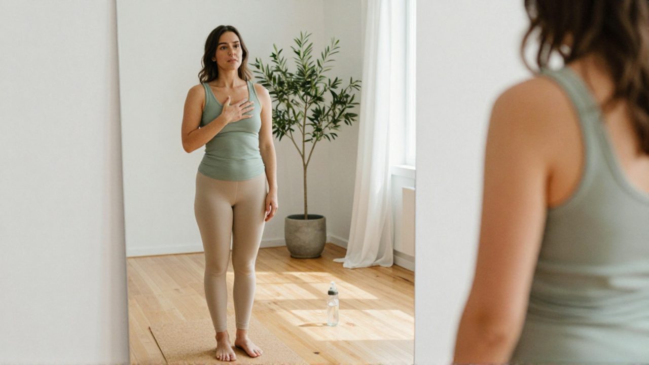 Una mujer de mediana edad, con un cuerpo natural sin idealizar, se mira en un espejo de cuerpo entero con una mano sobre el pecho y expresión serena, de pie descalza sobre suelo de madera en una habitación luminosa, minimalista y con luz suave.