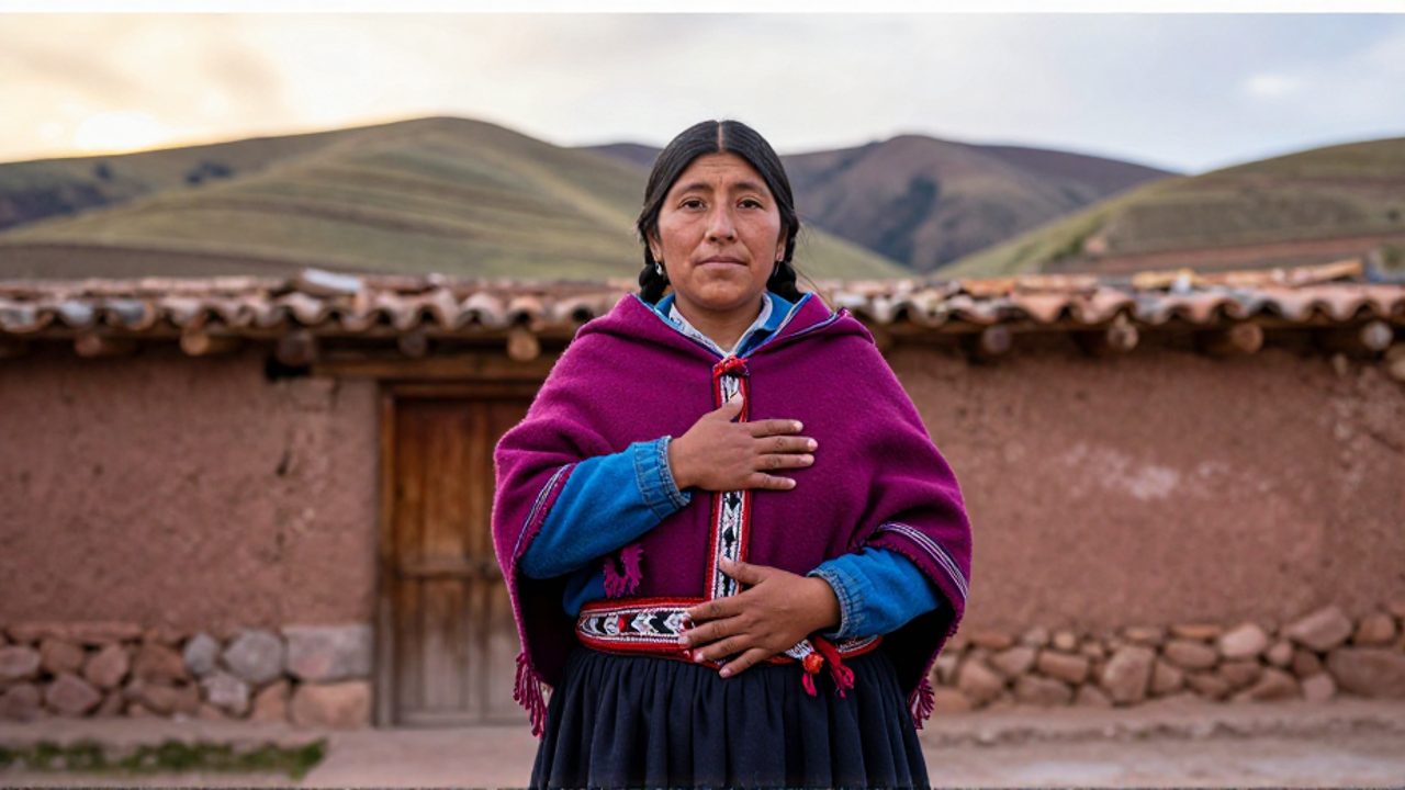 Mujer aymara de pie en un patio andino, con la mano sobre el abdomen y un cinturón tejido contra el pecho, mira serena a la cámara mientras al fondo se ven terrazas de cultivo.