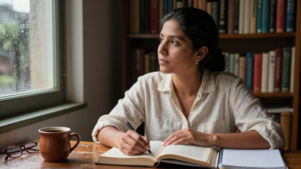 Mujer sentada ante un escritorio de madera en una sala de lectura con libros al fondo, pausa la lectura de un libro abierto y mira hacia la ventana con expresión pensativa, mientras sostiene un bolígrafo junto a un cuaderno en blanco.