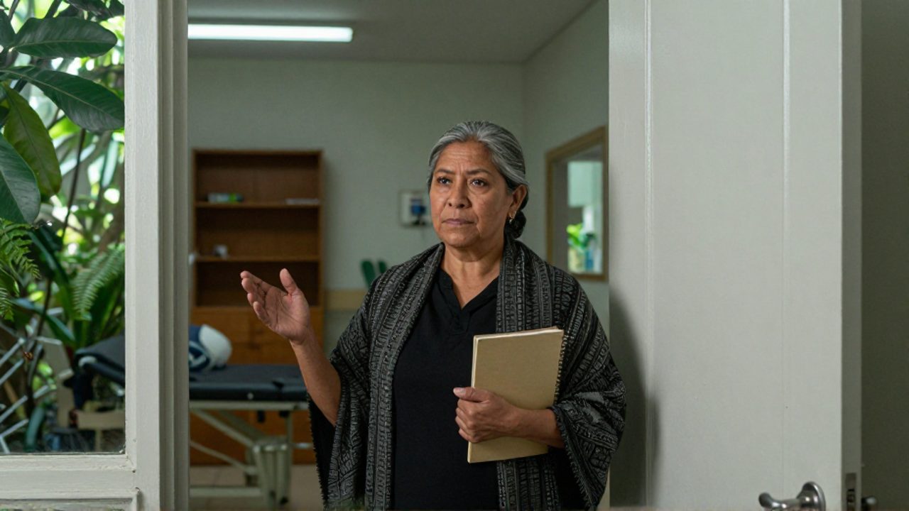María Galindo, en el umbral entre un consultorio médico y un jardín frondoso, sujeta un cuaderno contra el pecho y señala hacia la vegetación, en una postura que contrapone el espacio clínico al natural.