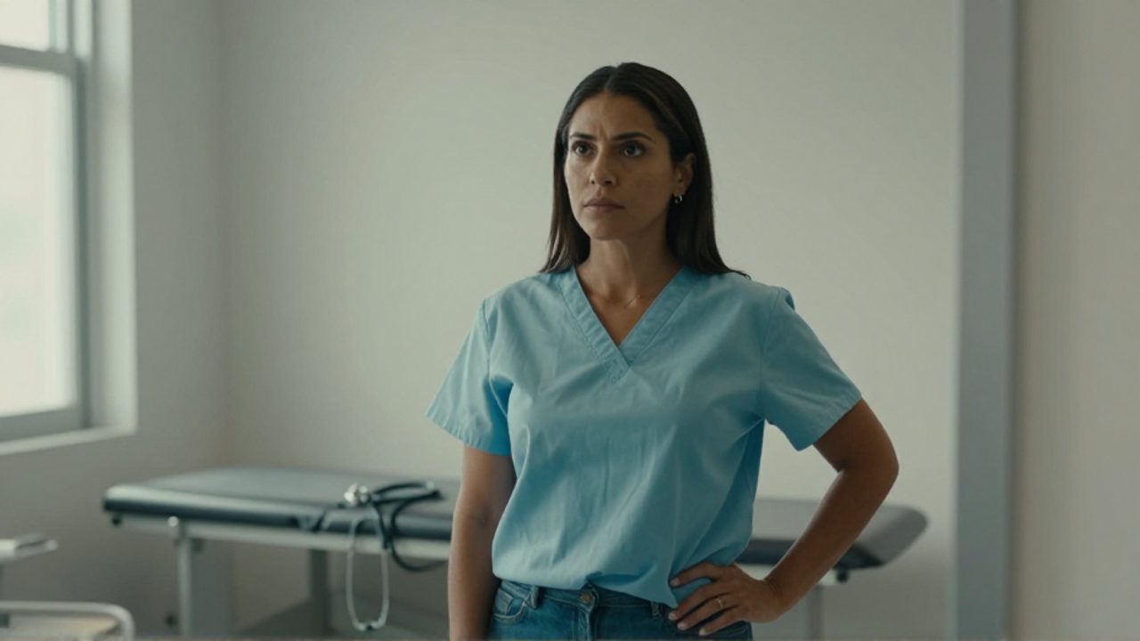 En una consulta médica, una mujer latina de unos cuarenta años, vestida con blusa y vaqueros, se observa firme en un espejo de cuerpo entero con la mano en la cadera; la camilla y el estetoscopio quedan difuminados al fondo.