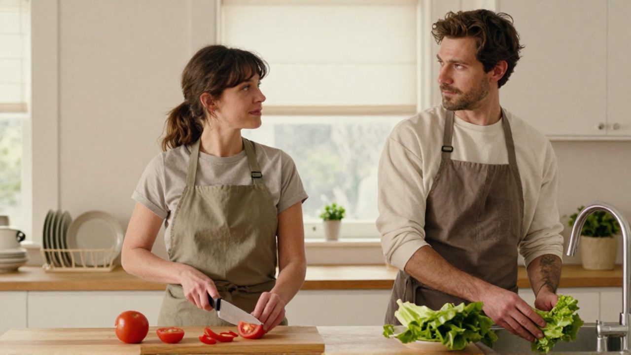 Una mujer y un hombre cocinan juntos en una cocina luminosa, compartiendo las tareas domésticas en igualdad: ella corta tomates mientras él lav