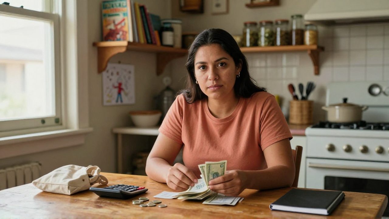 Una mujer latina de unos treinta años, sentada en una cocina modesta y ordenada, clasifica dinero en efectivo y recibos sobre una mesa de madera mientras mira a la cámara con expresión tranquila y segura; al fondo, un estante con utensilios domésticos y una ventana iluminan la escena.