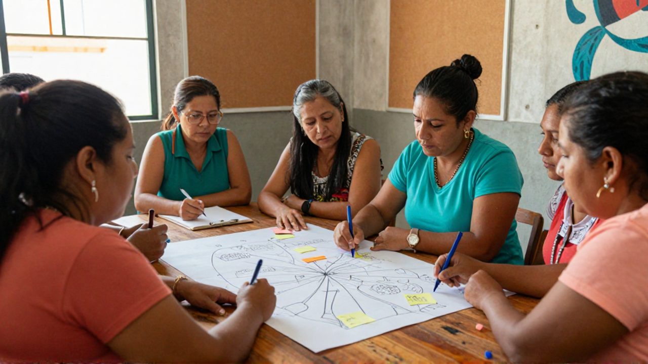 Mujeres de distintas edades colaboran en un taller comunitario, reunidas alrededor de una mesa de madera trazando un diagrama colectivo con rotuladores y notas adhesivas.