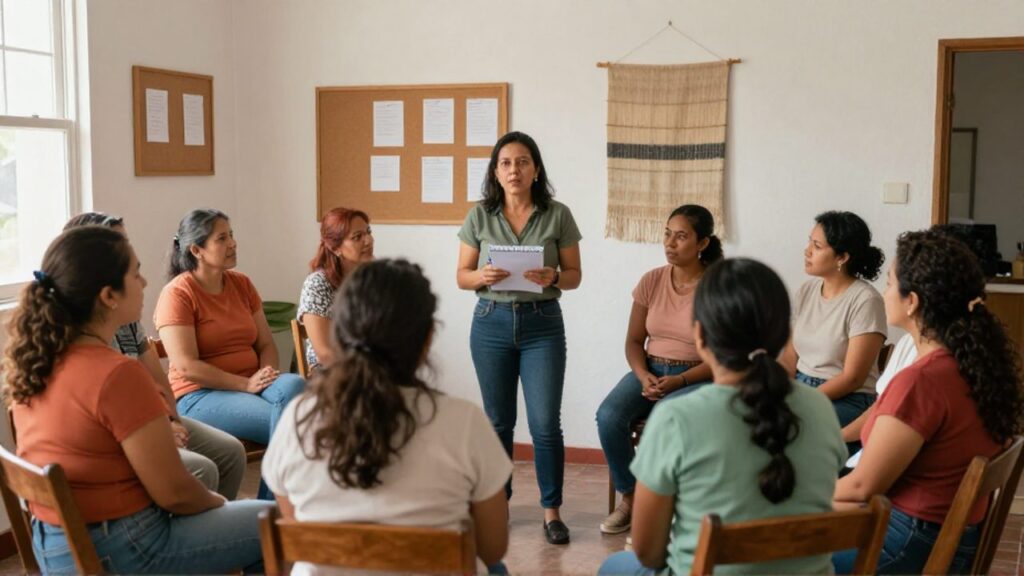 Un grupo de mujeres latinas de distintas edades participa en un taller comunitario sentadas en círculo, mientras una facilitadora de pie conversa con ellas sosteniendo una libreta.