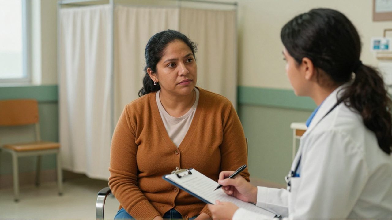 Una mujer latinoamericana de mediana edad, con cárdigan mostaza, conversa con una doctora que la atiende frente a ella en una clínica de salud pública; al fondo se ve una sala de examen y el ambiente transmite confianza y respeto.
