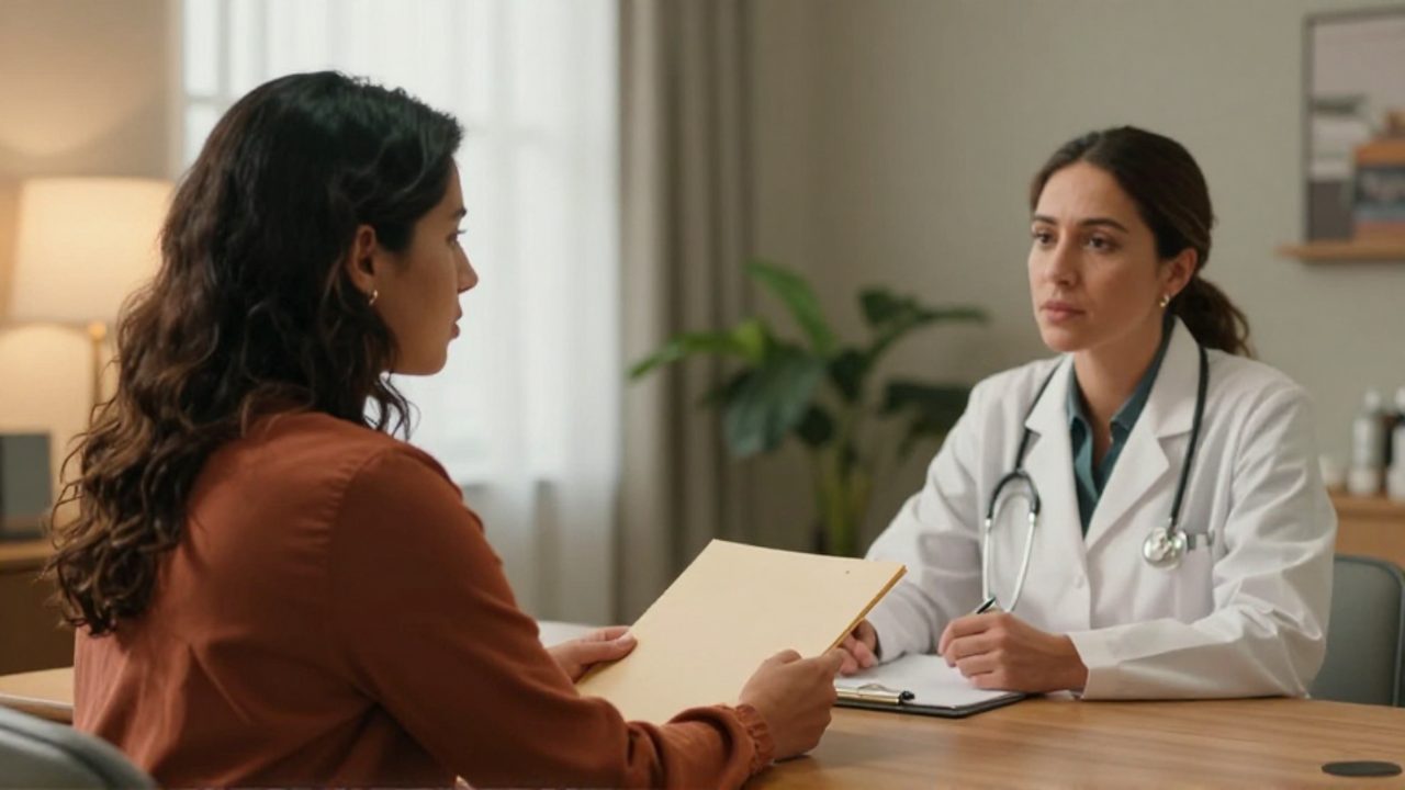 En una consulta de salud reproductiva, una pareja de mujeres latinas habla con una doctora; una de ellas, de aspecto masculino, apoya la mano en la espalda de su pareja en un ambiente sereno y de confianza.