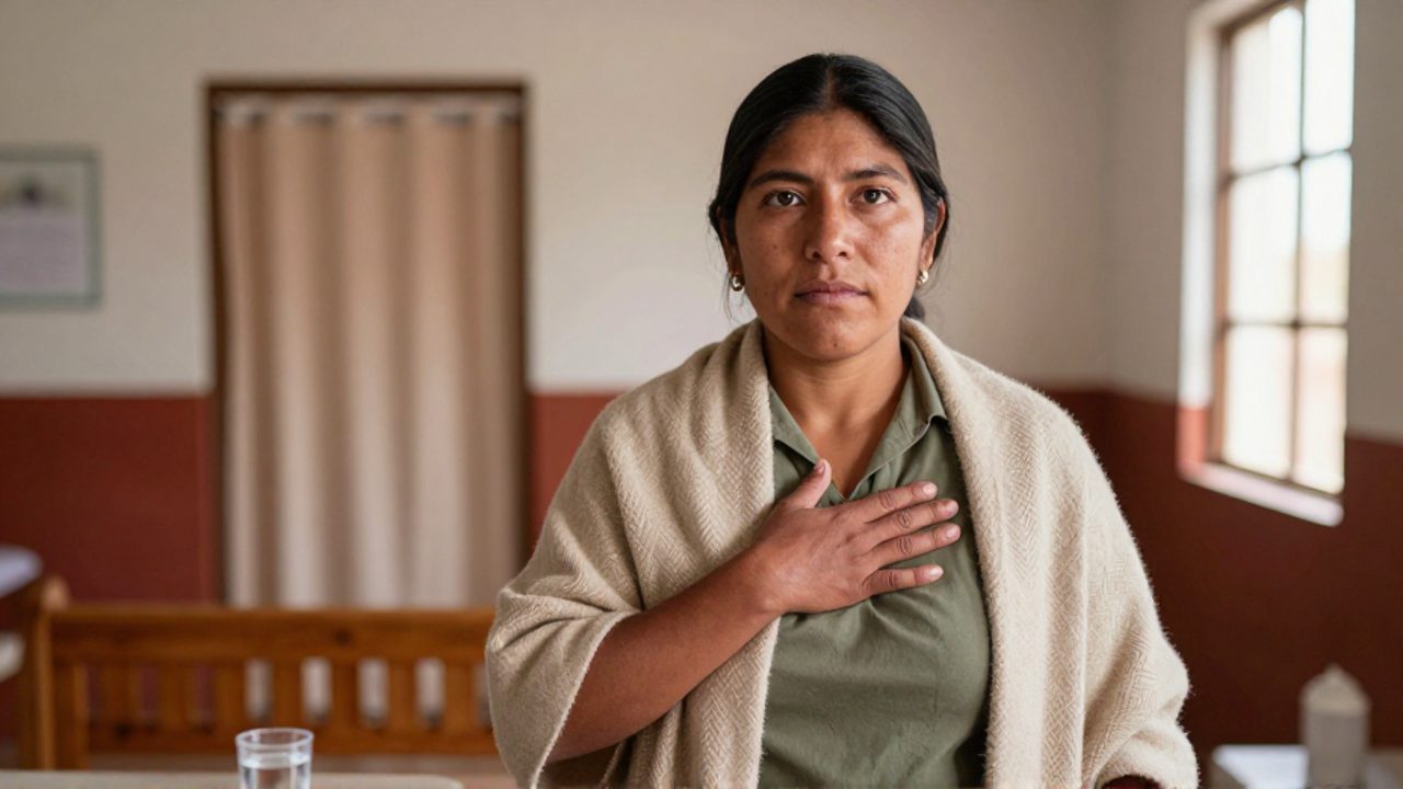 Mujer boliviana de pie en una clínica comunitaria, con la mano derecha sobre el pecho y la mirada firme y serena, viste blusa verde oliva y chal beige, y al fondo se ven paredes encaladas y una puerta con cortina.
