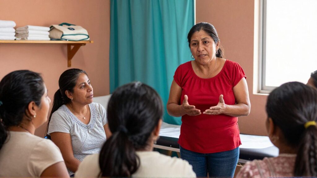 Una activista boliviana de unos cincuenta años, con blusa roja y el pelo recogido, habla con la mano abierta ante varias mujeres sentadas en círculo dentro de una clínica comunitaria; al fondo se ve una camilla detrás de una cortina color verde azulado.