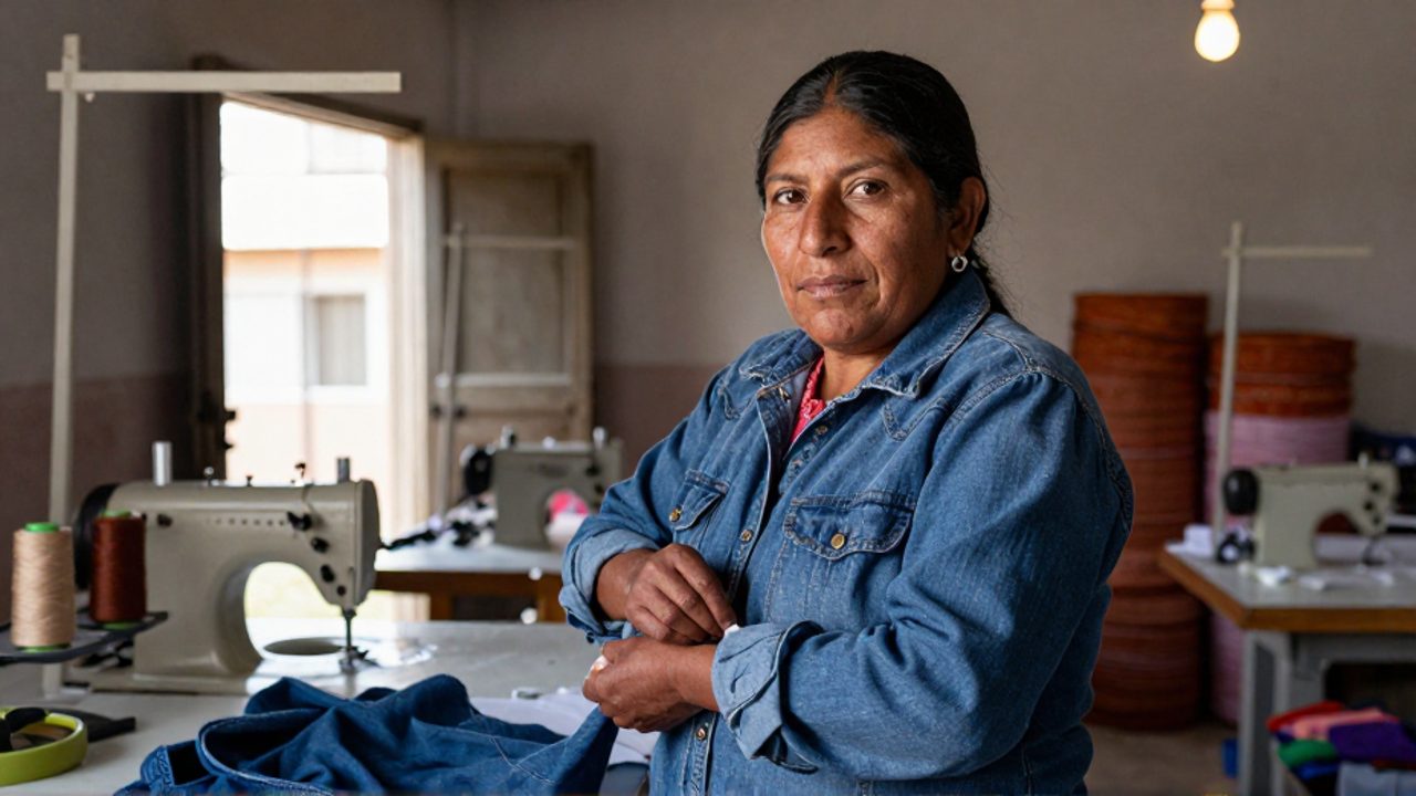 Una mujer boliviana de unos cincuenta años, trabajadora textil, se gira hacia la cámara mientras abotona una camisa de mezclilla en un taller de costura, con máquinas de coser y rollos de tela al fondo.