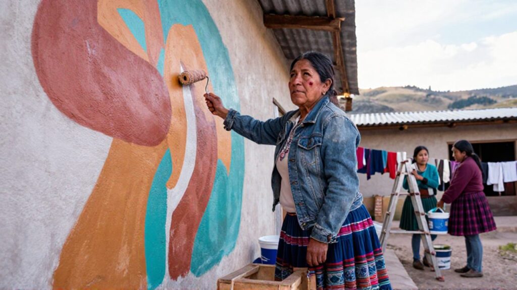 María Galindo, con el pelo oscuro recogido y manchas de pintura en la mejilla, se detiene con un rodillo en la mano sobre un cajón de madera, mirando por encima del hombro a dos mujeres que sujetan una escalera y preparan más pintura, mientras luce una chaqueta vaquera gastada sobre una falda tejida y colorida, ante un gran mural abstracto de trazos en terracota, ocre, verde azulado y blanco, en un patio comunitario de La Paz con tejados, tendederos y cerros andinos al fondo.