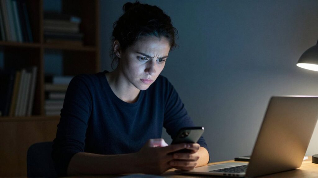 Una mujer joven con el pelo recogido mira fijamente su teléfono con expresión tensa y cautelosa, sentada en un escritorio de madera dentro de una oficina en casa a media luz, iluminada por el resplandor frío de la pantalla y una lámpara cálida al fondo.