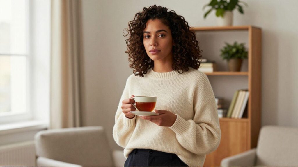 Una mujer de pelo rizado con un jersey de punto crema sostiene una taza de té en un luminoso salón minimalista, sin objetos infantiles a la vista, mientras mira a la cámara con expresión serena y reflexiva.