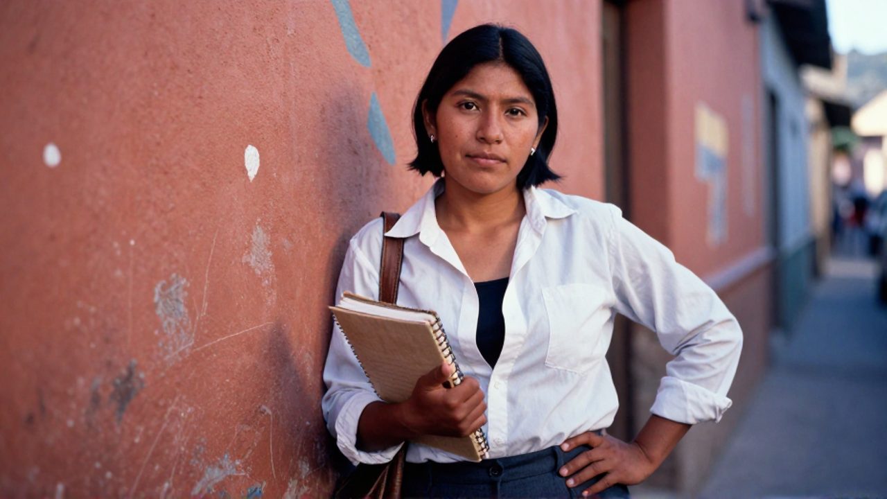 Una mujer boliviana de cabello negro muy corto y camisa blanca holgada permanece de pie en un callejón soleado de La Paz, con una libreta en la mano, la otra apoyada en la cadera y la barbilla levantada en una actitud serena y segura ante una pared ocre con murales desvaídos.