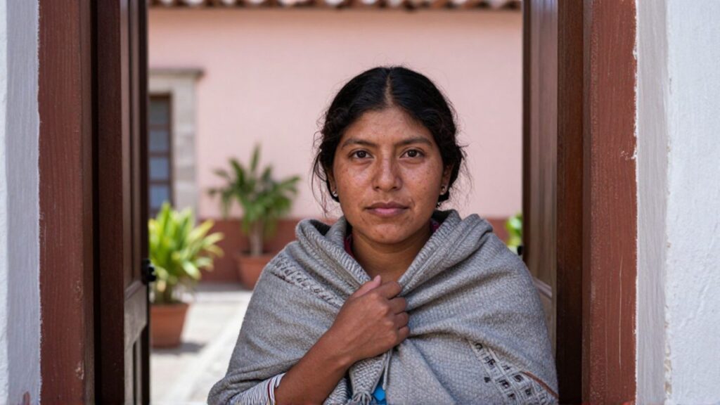Mujer boliviana de cabello rizado oscuro sujeta un chal gris junto al pecho y mira a la cámara con gesto sereno y firme, de pie en el portal colonial de un patio con plantas y una pared de tono rosado.