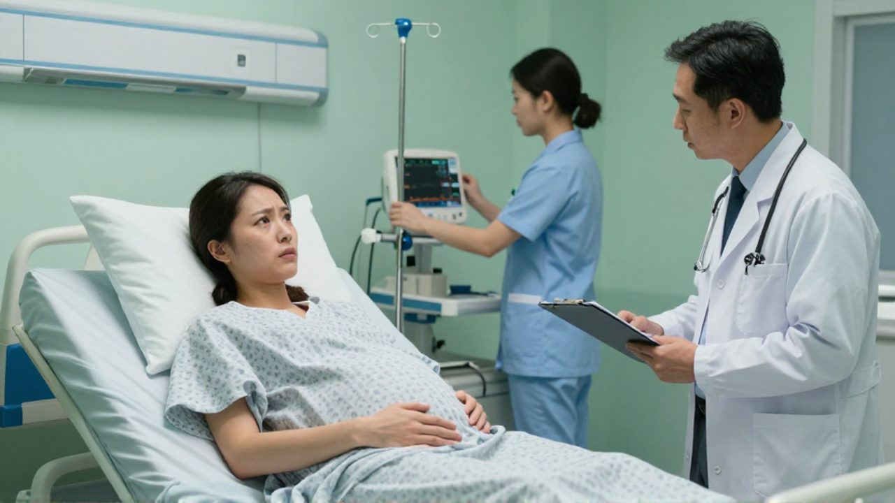 Mujer embarazada en una cama de hospital mira angustiada hacia otro lado mientras un médico revisa su portapapeles, en un ambiente de parto frío e impersonal.