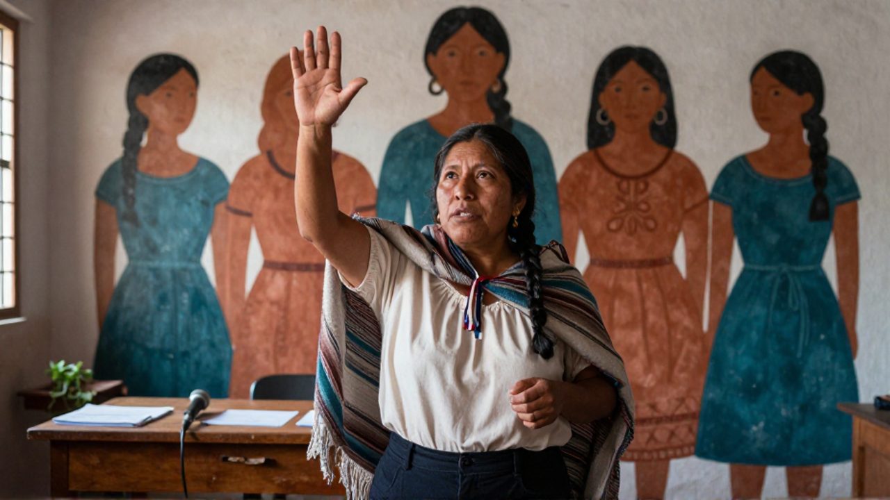 Una activista andina de mediana edad, con trenza baja y chaleco tejido, alza la mano con la palma abierta mientras habla con firmeza en un taller de radio comunitaria; detrás, un mural con figuras femeninas en tonos tierra y sobre la mesa, un micrófono y notas.