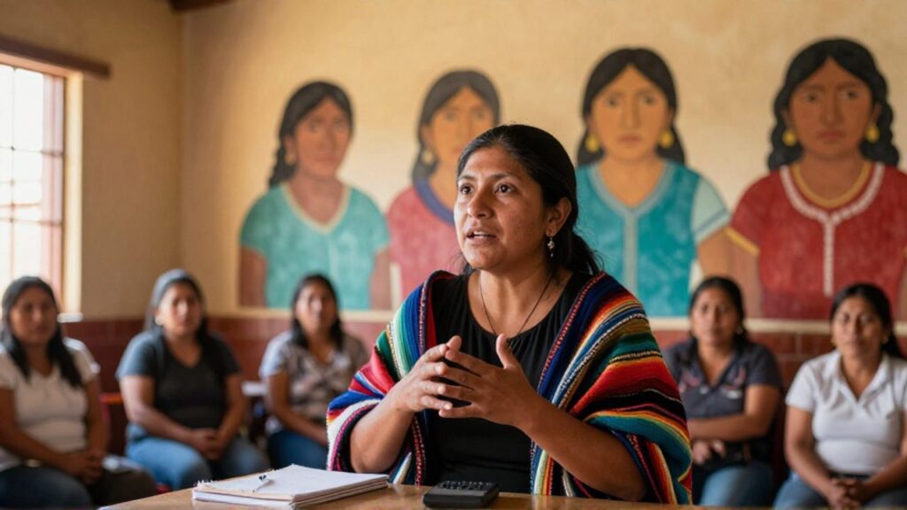 María Galindo habla con un grupo de mujeres en un taller comunitario; viste blusa negra y chal andino, y tras ella un mural con retratos femeninos deja un espacio en blanco alusivo a las historias olvidadas.