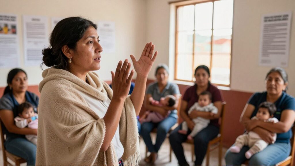 María Galindo, con el brazo levantado, se dirige a un grupo de mujeres sentadas en sillas de madera en un taller comunitario; algunas sostienen bebés y la escuchan con atención.