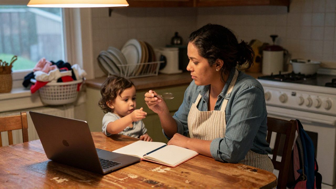 Mujer de treinta y tantos años sentada a la mesa de una cocina, sostiene una cuchara para alimentar a un niño pequeño mientras tiene delante un cuaderno, un bolígrafo y un portátil cerrado, con platos por fregar y una cesta de ropa al fondo.