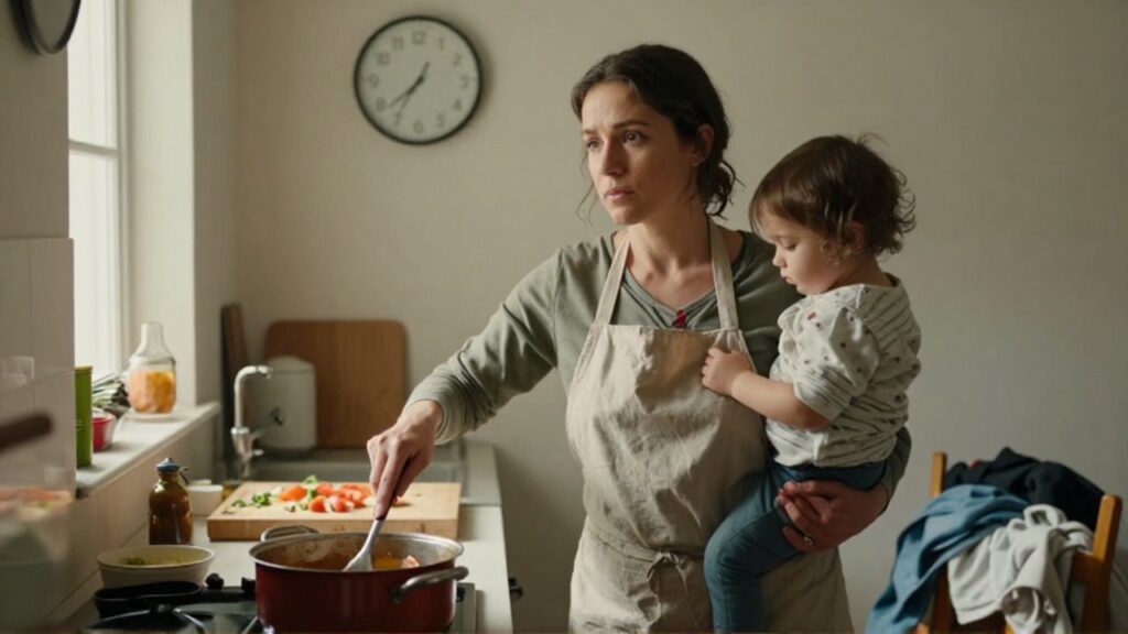 Una mujer sostiene a un niño pequeño en la cadera mientras remueve una olla en la cocina, con expresión cansada; a su alrededor se ven verduras por cortar, ropa doblada y un reloj de pared que marca el paso del tiempo.