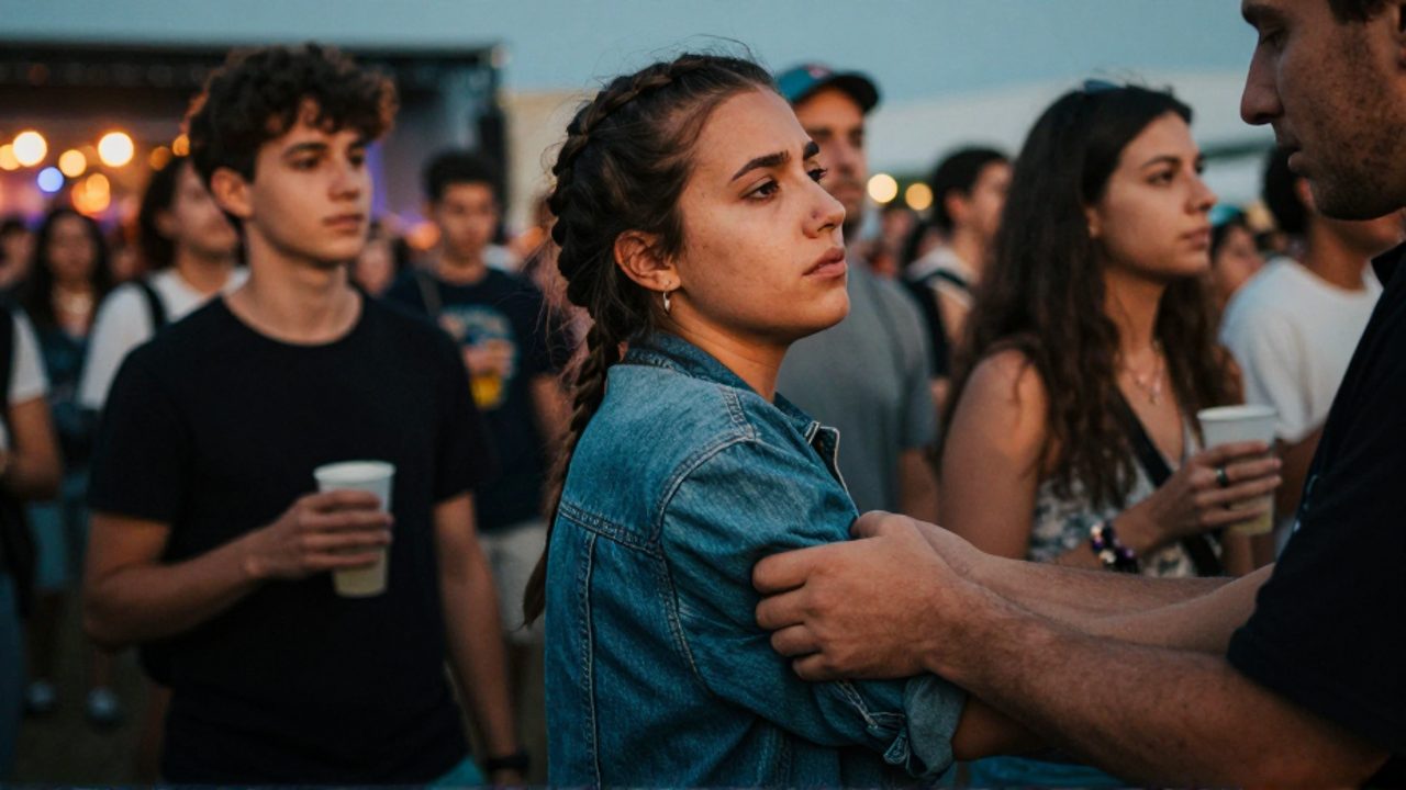 Una mujer joven se tensa y gira la cabeza con incomodidad al sentir que una mano invisible la agarra del brazo en un festival al anochecer, mientras dos personas a su lado miran hacia otro lado sin intervenir.