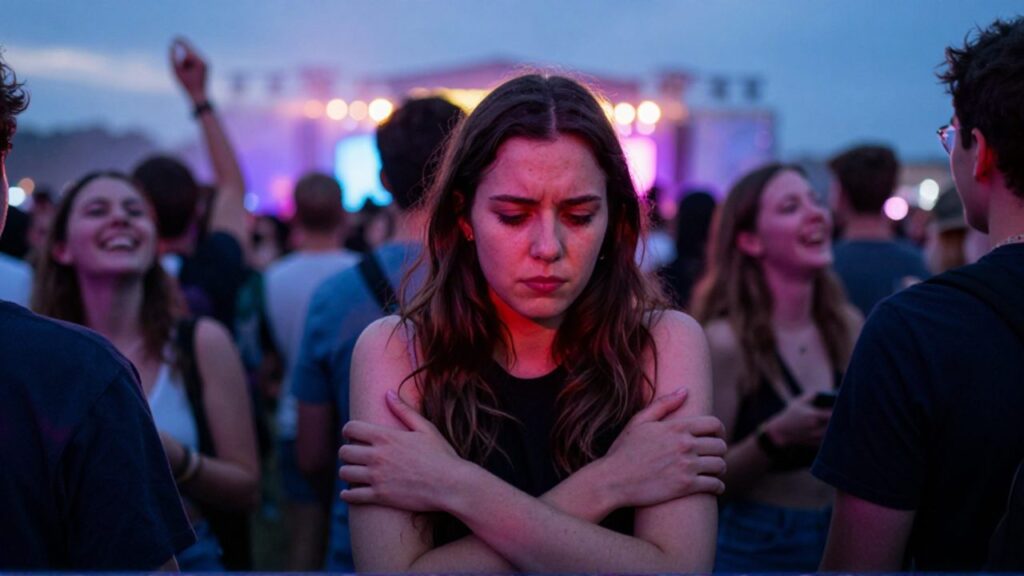 En un festival de música al aire libre, una mujer joven permanece sola y con los brazos cruzados, con expresión incómoda y mirada baja, mientras la multitud a su alrededor celebra hacia el escenario iluminado.