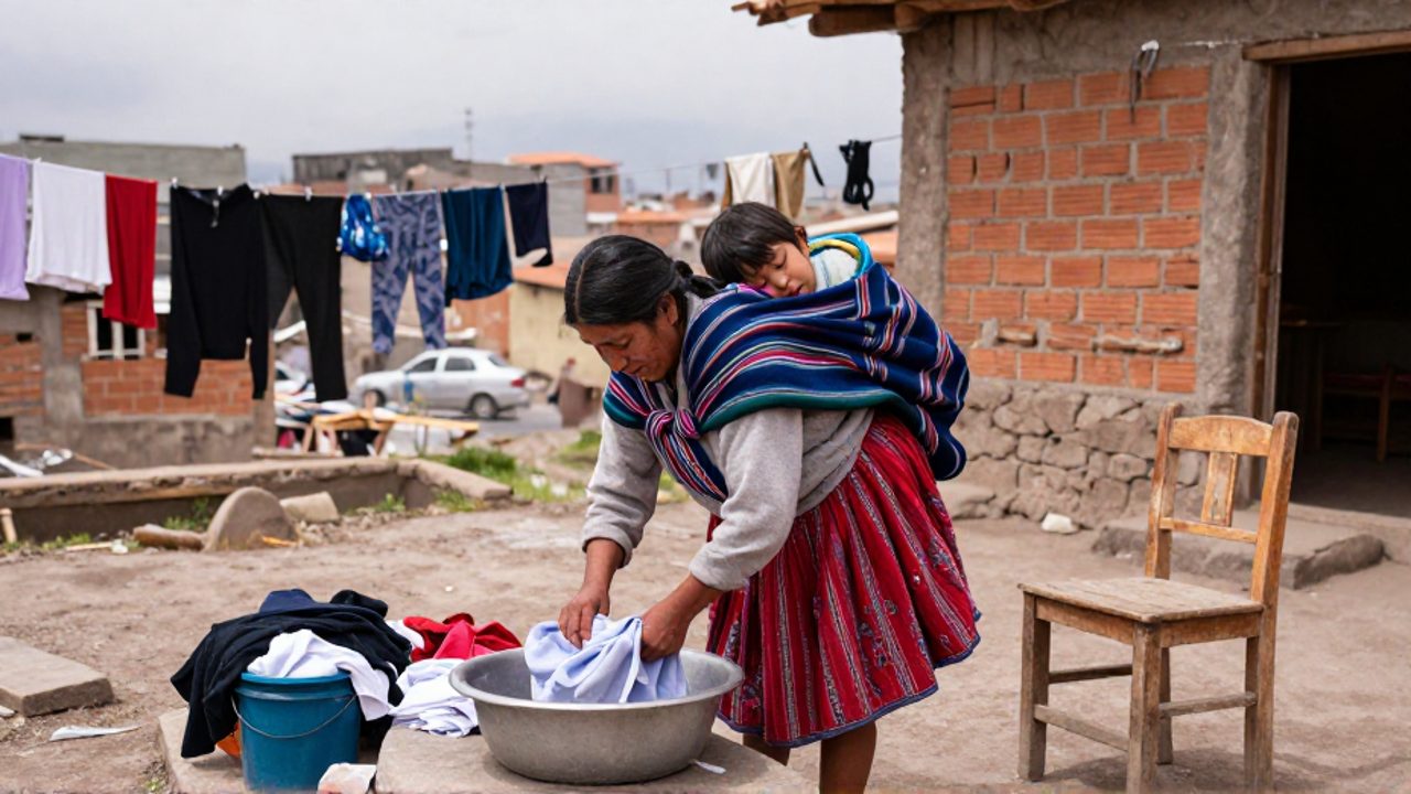 Una mujer aymara lava ropa a mano en el patio de una modesta casa en El Alto, con un niño dormido cargado en la espalda con un aguayo, mientras al fondo se ven tendederos y viviendas de construcción sin terminar.