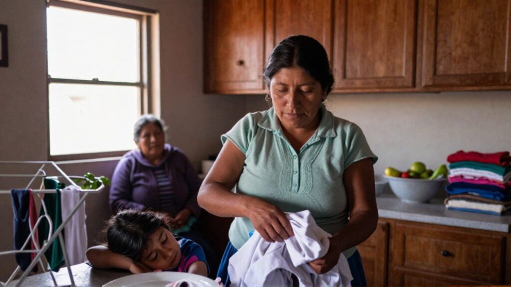 Una mujer sostiene a un niño pequeño en la cadera mientras dobla ropa con una mano en una cocina modesta; tras ella, una anciana espera sentada junto a la ventana.
