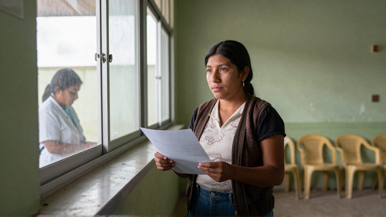 Mujer joven indígena boliviana espera frente a la ventanilla administrativa de una clínica pública rural con expresión cautelosa, sosteniendo una hoja doblada; al fondo, sillas plásticas desgastadas y paredes con pintura descascarada reflejan un entorno con pocos recursos.