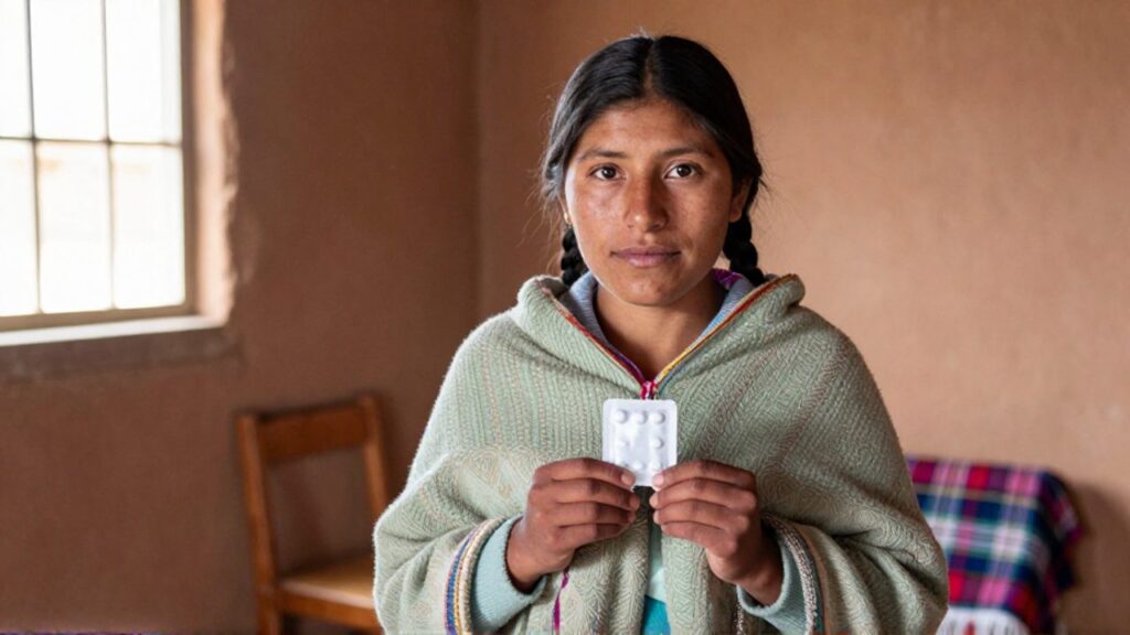 Mujer joven con trenzas y manta andina sostiene un envase de pastillas anticonceptivas contra el pecho en un centro de salud rural, con expresión serena y decidida.