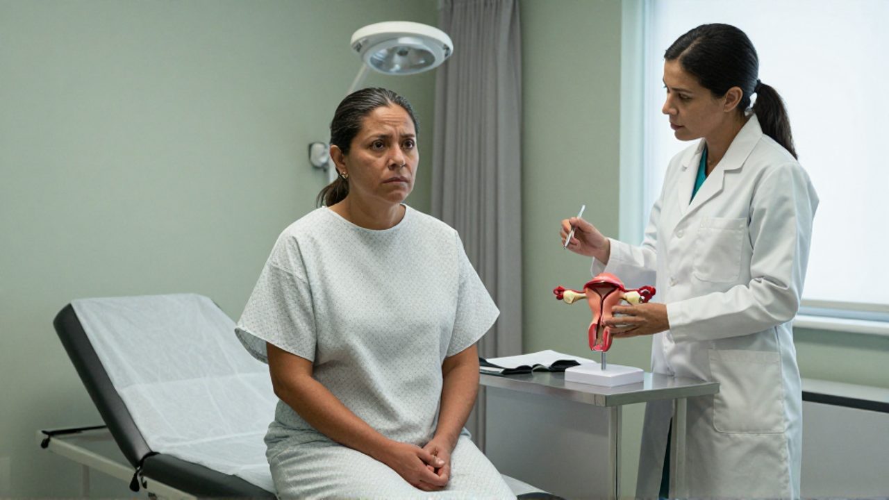 Mujer latina de unos cuarenta años, sentada en la camilla con bata hospitalaria y las manos entrelazadas, mira con recelo a una doctora que sostiene un modelo de útero y se lo señala con un bolígrafo, en una consulta de aspecto clínico y tenso.