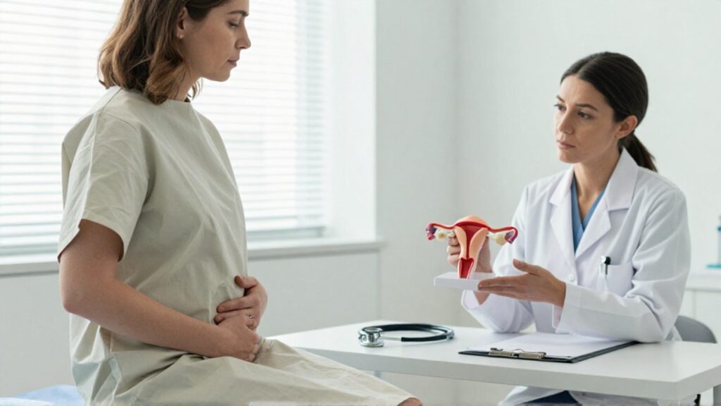 Una paciente sentada en una camilla ginecológica escucha con atención a su doctora, que le muestra un modelo anatómico de útero mientras conversan en una consulta médica luminosa.